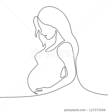 Pregnant Woman One Line Drawing Vector Illustration. Minimalist one line drawing of a pregnant woman gently holding her belly. 127373508