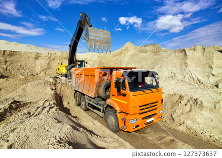 Excavator Loading Dumper Truck Excavator Loading Dumper Truck 127373637