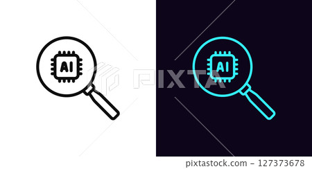 Outline AI search icon, with editable stroke. Magnifier icon with AI chip, data search engine. Smart search with artificial intelligence technology, information analysis, AI data request. Vector icon Outline AI search icon, with editable stroke. Magnifier icon with AI chip, data search engine. Smart search with artificial intelligence technology, information analysis, AI data request. Vector icon 127373678