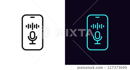 Outline smartphone voice control icon, with editable stroke. Phone screen with microphone icon and sound wave, voice activation and search control. Voice assistant, speech recognition. Vector icon Outline smartphone voice control icon, with editable stroke. Phone screen with microphone icon and sound wave, voice activation and search control. Voice assistant, speech recognition. Vector icon 127373699