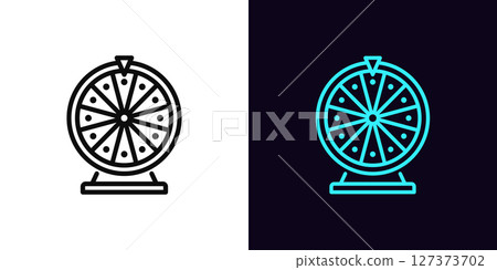 Outline fortune wheel icon, with editable stroke. Lucky spin icon, roulette game. Lucky wheel, lottery game, casino roulette spin, fortune chance bet, win prize reward, free spin bonus. Vector icon 127373702