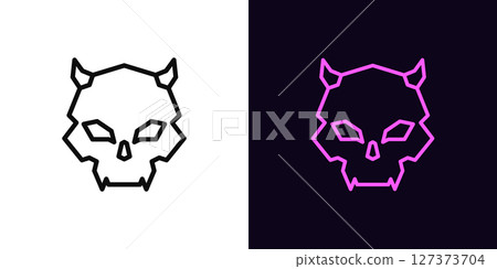 Outline demon skull icon, with editable stroke. Devil skull with horns and fangs, vampire cranium icon. Death face, scary skeleton head, evil, demon emoji, satan skull, monster cranium. Vector icon 127373704