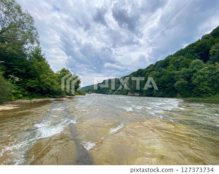 Serene River Flowing Through Lush Forest Serene River Flowing Through Lush Forest 127373734