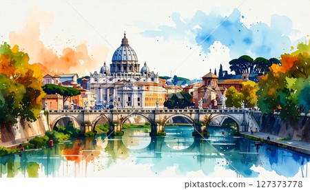 Vatican, Watercolor illustration of St. Peter Basilica in Vatican City with soft colors, Captures the grandeur and peace of the historic Christian landmark 127373778