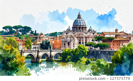Vatican, Watercolor illustration of St. Peter Basilica in Vatican City with soft colors, Captures the grandeur and peace of the historic Christian landmark 127373779