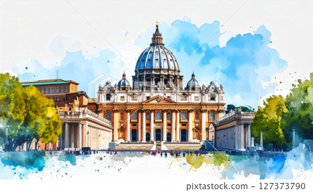 Vatican, Watercolor illustration of St. Peter Basilica in Vatican City with soft colors, Captures the grandeur and peace of the historic Christian landmark 127373790