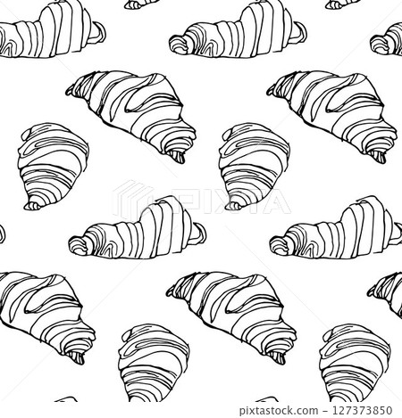 Seamless black white pattern, outline images of croissants, pastries in handdrawn illustration style 127373850