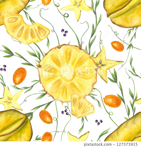 Pineapple slices, kumquats, starfruit, and tropical vines seamless watercolor pattern. Bright summer juicy ornate isolated background. For healthy food branding, exotic packaging 127373915