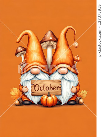 Charming fantasy-style illustration of a cheerful autumn gnome with a fluffy white beard 127373919