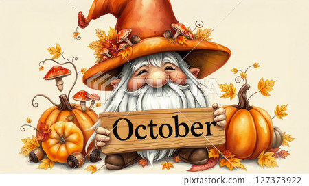 Charming fantasy-style illustration of a cheerful autumn gnome with a fluffy white beard 127373922
