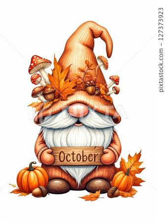 Charming fantasy-style illustration of a cheerful autumn gnome with a fluffy white beard Charming fantasy-style illustration of a cheerful autumn gnome with a fluffy white beard 127373923