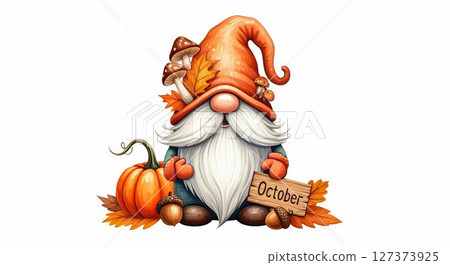 Charming fantasy-style illustration of a cheerful autumn gnome with a fluffy white beard 127373925