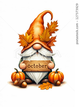 Charming fantasy-style illustration of a cheerful autumn gnome with a fluffy white beard Charming fantasy-style illustration of a cheerful autumn gnome with a fluffy white beard 127373929