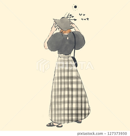 一名女子在夏天戴著防紫外線的帽子來保護自己免受陽光照射 127373930