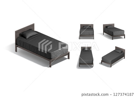Blank wooden single bed with black bedding mockup, different views 127374187