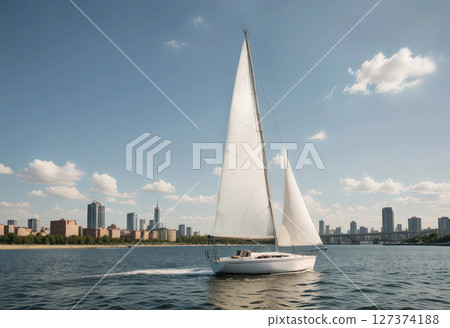 Sailboat sailing on sea with white sails, ai generated 127374188