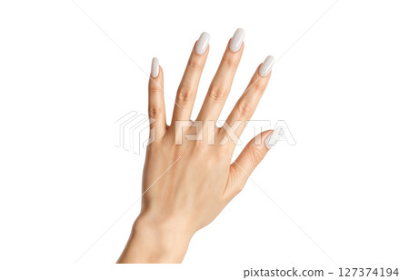 Hand with white round long nails manicure, ai generated 127374194
