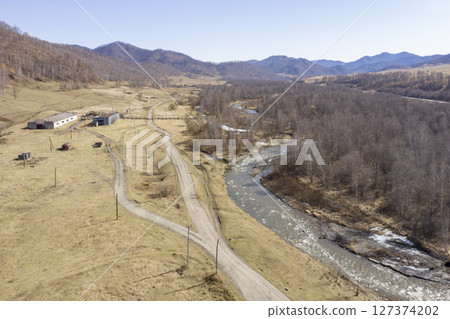 Aerial view of the Sema River in the Altai Mountains 127374202