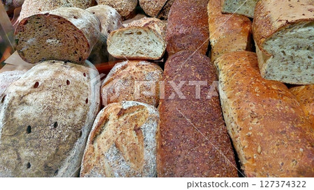 Variety of Fresh Bread Loaves Displayed at a Local Bakery for Customers to Choose 127374322