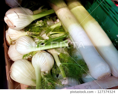Fresh Fennel and Leek Arrangement at a Local Market in a Vibrant Green Display Fresh Fennel and Leek Arrangement at a Local Market in a Vibrant Green Display 127374324