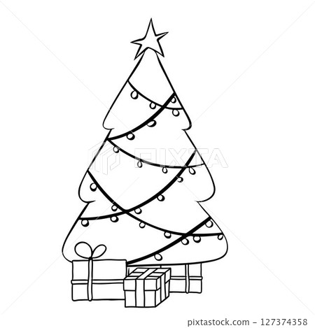 Christmas tree with lights and present boxes black and white composition isolated. Vector graphic line ink illustration. Perfect for cards, decorations, stickers, logo, menu, various designs. 127374358