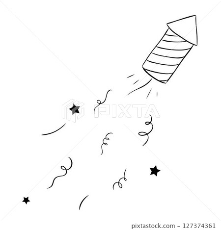 4th of July firework cracker rocket black and white composition isolated. Vector graphic line ink illustration. Silhouette sign for logo, print, comics, fashion, pop art, boards, design, stickers 127374361