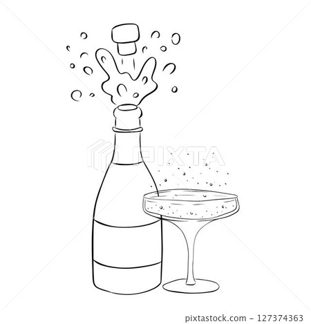 Champagne bottle with glass black and white composition isolated. Vector graphic line ink illustration. pop open with cork and drinking glass simple Design for package, cosmetic, textile, cards. 127374363