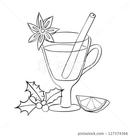 Mulled wine black and white composition isolated. Vector graphic line ink illustration. Silhouette sign for logo, print, comics, fashion, pop art, boards, design, stickers, decoration, posters 127374366