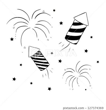 Fireworks rocket composition black and white isolated. Vector graphic line ink illustration. Silhouette sign for logo, print, comics, fashion, pop art, boards, design, stickers, decoration, posters 127374369