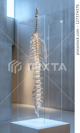 Intricately segmented robotic spine in glass display, a vision of engineered evolution and future anatomy in minimalist museum ambiance Intricately segmented robotic spine in glass display, a vision of engineered evolution and future anatomy in minimalist museum ambiance 127374376