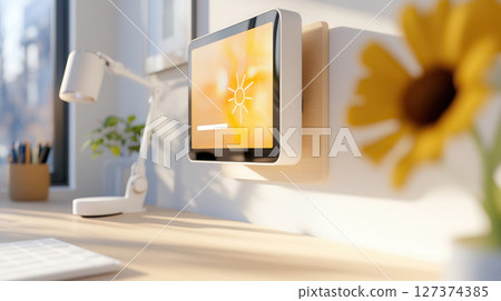 Ultra-realistic tech-savvy home office with smart hub control panel, robotic desk lamp, transparent display, minimalist decor for ideal smart workspace promotions 127374385