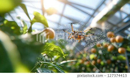 Greenhouse with robotic drones pollinating fruit trees under sunlight, solving agri challenges with precise robotics and ultra-realistic floral detail Greenhouse with robotic drones pollinating fruit trees under sunlight, solving agri challenges with precise robotics and ultra-realistic floral detail 127374413