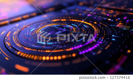 Cutting-edge futuristic control center with autonomous AI models and circular interface displaying real-time metrics in dimly lit environment 127374418