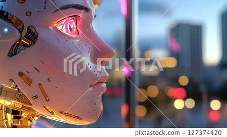 Humanoid robot with East Asian features reflects on urban integration and artificial introspection in a futuristic city, evening light highlights synthetic skin and eyes 127374420