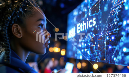 Female humanoid robot with realistic skin and braided hair engages in AI and ethics panel, emphasizing societal roles for sentient machines 127374466