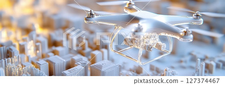 Futuristic industrial drone in mid-flight above translucent cityscape model, casting shadows in ultra-realistic lighting and minimalist design 127374467