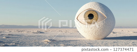 Robotic eye in smooth white monolith on salt flat, cinematic solitude and surveillance, minimalist AI theme under endless sky 127374471