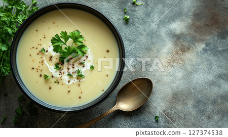 Creamy soup garnished with parsley, black pepper, and a swirl of cream in a black bowl. Warm and comforting meal. Rustic background. 127374538
