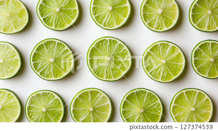 Fresh lime slices arranged in a seamless pattern on a white background. Juicy and vibrant citrus fruit. Isolated and refreshing look. 127374539