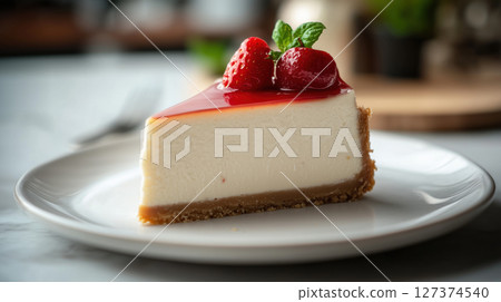 Slice of classic cheesecake with strawberry topping, whole berries and mint on a white plate. Rich creamy dessert. Sweet indulgence. 127374540