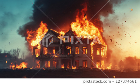 Two-story residential house completely engulfed in flames during a massive fire, with intense heat, smoke, and debris flying through the air. Dramatic sunset disaster. 127374561
