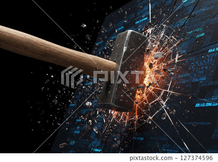 Sledgehammer striking a digital screen, creating an explosion of fragments and sparks in a dynamic scene 127374596