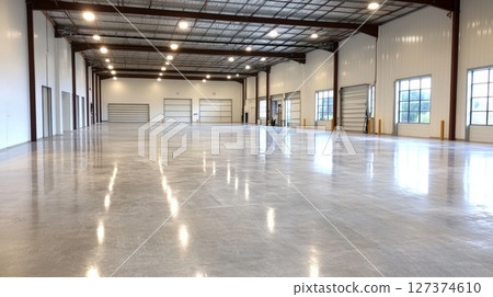 Spacious warehouse interior with polished concrete floor and bright lighting for storage solutions 127374610