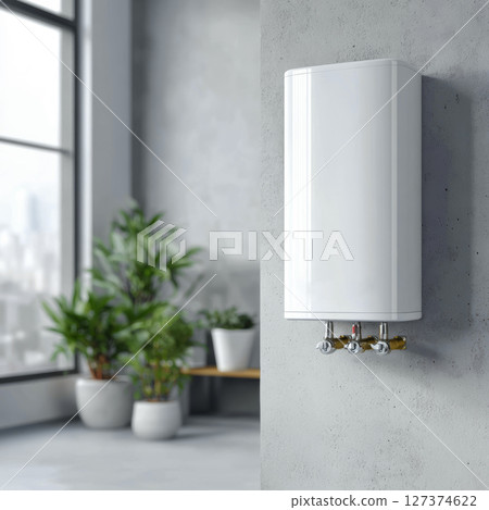 Modern water heater mounted on a concrete wall in a stylish interior with plants and natural light 127374622