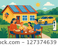 Illustration of a house with solar panels, an electric car charging nearby. A family having lunch on the lawn. 127374639