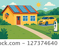 Home electricity scheme with battery energy storage system on modern house photovoltaic solar panels and rechargeable li-ion backup. Electric car charging on renewable smart power off-grid system. 127374640