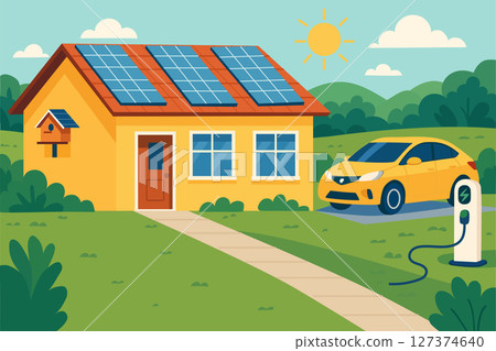 Home electricity scheme with battery energy storage system on modern house photovoltaic solar panels and rechargeable li-ion backup. Electric car charging on renewable smart power off-grid system. Home electricity scheme with battery energy storage system on modern house photovoltaic solar panels and rechargeable li-ion backup. Electric car charging on renewable smart power off-grid system. 127374640