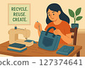 Young girl recycling cloth, using sewing machine. Woman sews a bag from jeans. reuse. Illustration of textile recycling. Concept of reducing waste. Vector cartoon 127374641