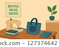 recycling cloth, using sewing machine. sews a bag from jeans. reuse. Illustration of textile recycling. Concept of reducing waste. Vector cartoon 127374642