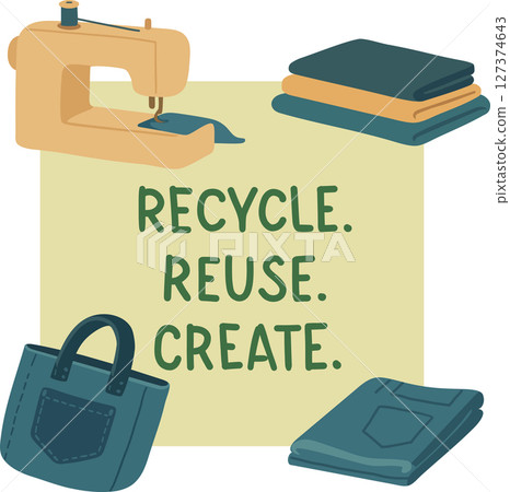 Young girl recycling cloth, using sewing machine. Woman sews a bag from jeans. reuse. Illustration of textile recycling. Concept of reducing waste. Vector cartoon 127374643